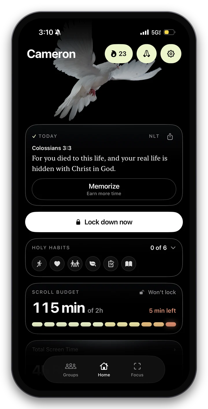 Before Home with today's verse, a Lock down now button, holy habits, and scroll budget
