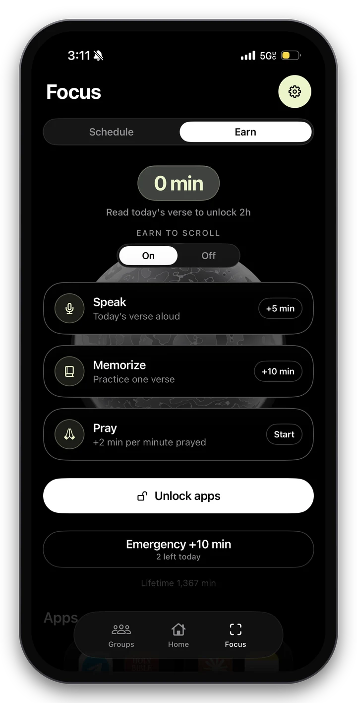 Before Focus Earn tab with Speak, Memorize, and Pray to earn minutes