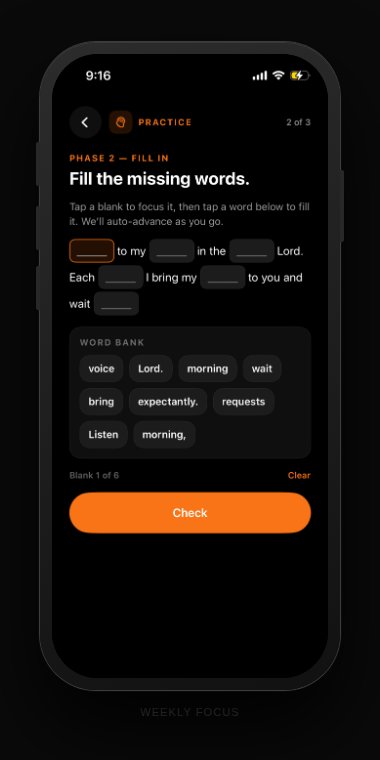Before memorize fill-in practice screen